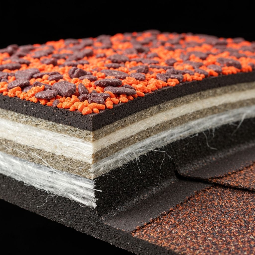 Cross-section of roofing shingle layers showing fiberglass mat, asphalt coating, and ceramic granules